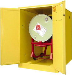 Securall Cabinets - 34" Wide x 50" Deep x 50" High, 18 Gauge Steel Horizontal Drum Cabinet with 3 Point Key Lock - Yellow, Manual Closing Door, 1 Drum - Exact Industrial Supply