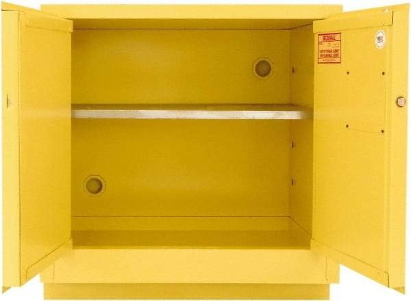 Securall Cabinets - 2 Door, 1 Shelf, Yellow Steel Under the Counter Safety Cabinet for Flammable and Combustible Liquids - 35-9/16" High x 59" Wide x 22" Deep, Manual Closing Door, 3 Point Key Lock, 44 Gal Capacity - Exact Industrial Supply