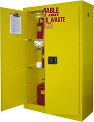 Securall Cabinets - 2 Door, 2 Shelf, Yellow Steel Standard Safety Cabinet for Flammable and Combustible Liquids - 65" High x 43" Wide x 18" Deep, Manual Closing Door, 3 Point Key Lock, 45 Gal Capacity - Exact Industrial Supply