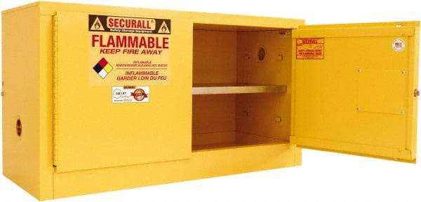 Securall Cabinets - 2 Door, 1 Shelf, Yellow Steel Stackable Safety Cabinet for Flammable and Combustible Liquids - 26" High x 43" Wide x 18" Deep, Self Closing Door, 3 Point Key Lock, 18 Gal Capacity - Exact Industrial Supply