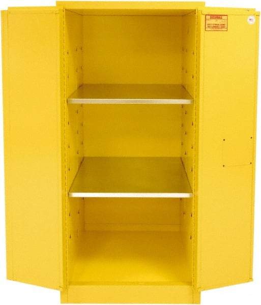 Securall Cabinets - 2 Door, 2 Shelf, Yellow Steel Standard Safety Cabinet for Flammable and Combustible Liquids - 65" High x 31" Wide x 31" Deep, Manual Closing Door, 3 Point Key Lock, 60 Gal Capacity - Exact Industrial Supply