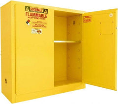 Securall Cabinets - 2 Door, 1 Shelf, Yellow Steel Standard Safety Cabinet for Flammable and Combustible Liquids - 44" High x 43" Wide x 18" Deep, Manual Closing Door, 3 Point Key Lock, 30 Gal Capacity - Exact Industrial Supply