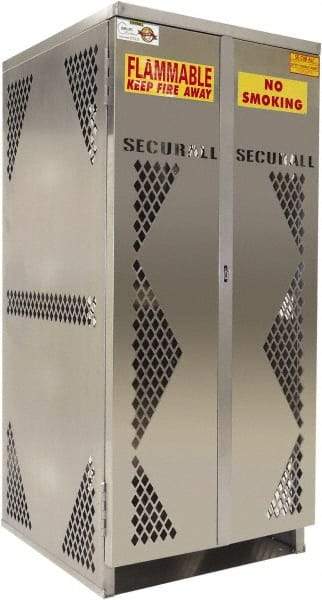 Securall Cabinets - 2 Door, Silver Aluminum Standard Safety Cabinet for Flammable and Combustible Liquids - 65" High x 60" Wide x 32" Deep, Manual Closing Door, Padlockable Hasp, Vertical Cylinder Capacity - Exact Industrial Supply