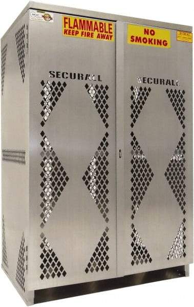 Securall Cabinets - 2 Door, 4 Shelf, Silver Aluminum Standard Safety Cabinet for Flammable and Combustible Liquids - 65" High x 60" Wide x 32" Deep, Manual Closing Door, Padlockable Hasp, 20 or 33 Lb Cylinder Capacity - Exact Industrial Supply