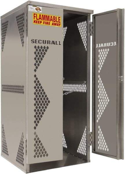 Securall Cabinets - 2 Door, Silver Steel Standard Safety Cabinet for Flammable and Combustible Liquids - 65" High x 30" Wide x 32" Deep, Manual Closing Door, Padlockable Hasp, Vertical Cylinder Capacity - Exact Industrial Supply