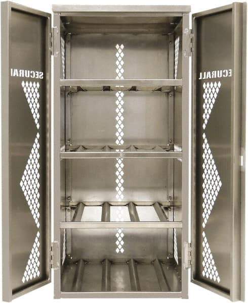 Securall Cabinets - 2 Door, 4 Shelf, Yellow Steel Standard Safety Cabinet for Flammable and Combustible Liquids - 65" High x 30" Wide x 32" Deep, Manual Closing Door, Padlockable Hasp, 20 or 33 Lb Cylinder Capacity - Exact Industrial Supply