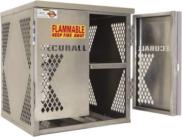 Securall Cabinets - 2 Door, 2 Shelf, Silver Aluminum Standard Safety Cabinet for Flammable and Combustible Liquids - 33" High x 30" Wide x 32" Deep, Manual Closing Door, Padlockable Hasp, 20 or 33 Lb Cylinder Capacity - Exact Industrial Supply