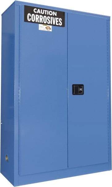 Securall Cabinets - 2 Door, 2 Shelf, Blue Steel Standard Safety Cabinet for Corrosive Chemicals - 65" High x 43" Wide x 18" Deep, Manual Closing Door, 3 Point Key Lock, 45 Gal Capacity - Exact Industrial Supply