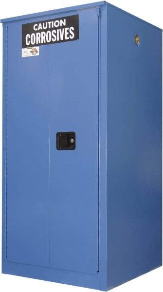 Securall Cabinets - 2 Door, 2 Shelf, Blue Steel Standard Safety Cabinet for Corrosive Chemicals - 65" High x 31" Wide x 31" Deep, Manual Closing Door, 3 Point Key Lock, 60 Gal Capacity - Exact Industrial Supply