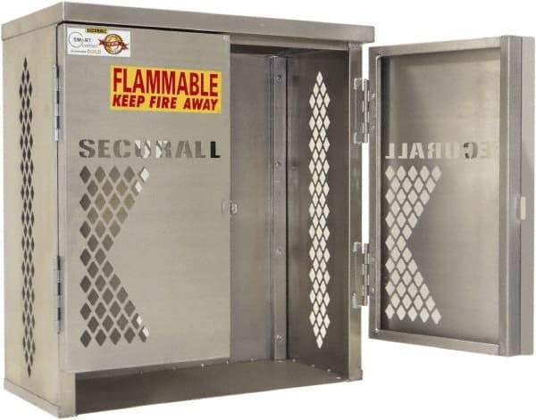 Securall Cabinets - 1 Door, 1 Shelf, Yellow Steel Standard Safety Cabinet for Flammable and Combustible Liquids - 33" High x 31" Wide x 16" Deep, Manual Closing Door, Padlockable Hasp, 20 or 33 Lb Cylinder Capacity - Exact Industrial Supply