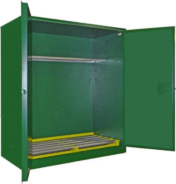 Securall Cabinets - 2 Door, 1 Shelf, Green Steel Standard Safety Cabinet for Flammable and Combustible Liquids - 65" High x 56" Wide x 31" Deep, Manual Closing Door, 3 Point Key Lock, 120 Gal Capacity - Exact Industrial Supply