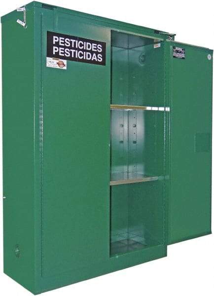 Securall Cabinets - 2 Door, 1 Shelf, Green Steel Standard Safety Cabinet for Flammable and Combustible Liquids - 67" High x 31" Wide x 31" Deep, Self Closing Door, 3 Point Key Lock, 60 Gal Capacity - Exact Industrial Supply