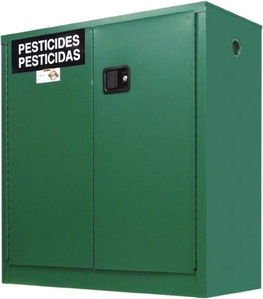 Securall Cabinets - 2 Door, 1 Shelf, Green Steel Standard Safety Cabinet for Flammable and Combustible Liquids - 44" High x 43" Wide x 18" Deep, Manual Closing Door, 3 Point Key Lock, 30 Gal Capacity - Exact Industrial Supply