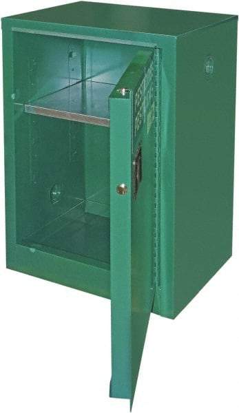 Securall Cabinets - 1 Door, 1 Shelf, Green Steel Standard Safety Cabinet for Flammable and Combustible Liquids - 37" High x 24" Wide x 18" Deep, Self Closing Door, 3 Point Key Lock, 12 Gal Capacity - Exact Industrial Supply