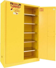 Securall Cabinets - 2 Door, 5 Shelf, Yellow Steel Standard Safety Cabinet for Flammable and Combustible Liquids - 65" High x 43" Wide x 18" Deep, Manual Closing Door, 3 Point Key Lock, 60 Gal Capacity - Exact Industrial Supply