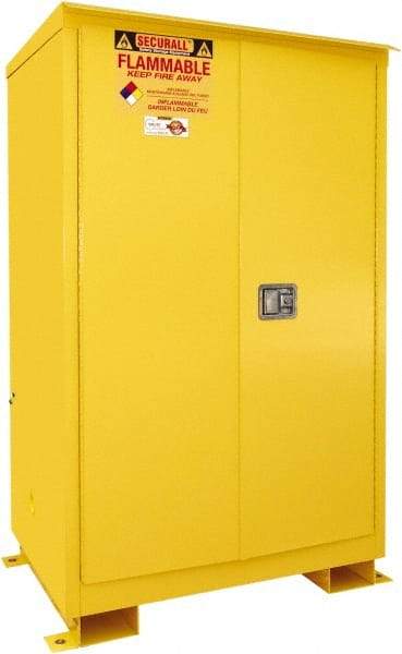 Securall Cabinets - 2 Door, 2 Shelf, Yellow Steel Standard Safety Cabinet for Flammable and Combustible Liquids - 69" High x 43" Wide x 31" Deep, Manual Closing Door, 3 Point Key Lock, 90 Gal Capacity - Exact Industrial Supply