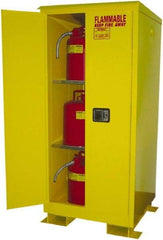 Securall Cabinets - 2 Door, 2 Shelf, Yellow Steel Standard Safety Cabinet for Flammable and Combustible Liquids - 69" High x 31" Wide x 31" Deep, Manual Closing Door, 3 Point Key Lock, 60 Gal Capacity - Exact Industrial Supply