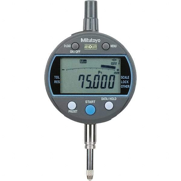 Mitutoyo - 0 to 1/2" Range, 0.00005, 0.0001 & 0.0005" Graduation, Electronic Drop Inidicator - Flat Back, 0.0001" Accuracy, LCD Display, Inch & Metric - Exact Industrial Supply