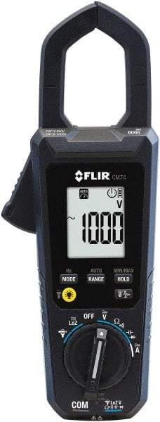 FLIR - CM74, CAT IV, Digital True RMS Auto Ranging Clamp Meter with 1.38" Clamp On Jaws - 1000 VAC/VDC, 600 AC/DC Amps, Measures Voltage, Capacitance, Current, Frequency, Resistance - Exact Industrial Supply