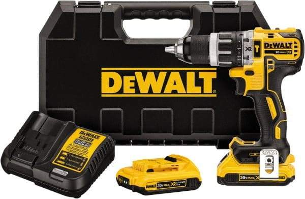 DeWALT - 20 Volt 1/2" Metal Single Sleeve w Carbide Jaws Ratcheting Chuck Chuck Cordless Hammer Drill - 0 to 34,000 BPM, 0 to 500 & 0 to 2,000 RPM, Reversible, Mid-Handle - Exact Industrial Supply