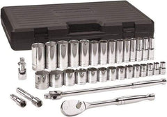 GearWrench - 33 Piece 1/2" Drive Chrome Finish Deep Well Socket Set - 6 Points, 7/16" to 1-1/2" Range, Inch Measurement Standard - Exact Industrial Supply