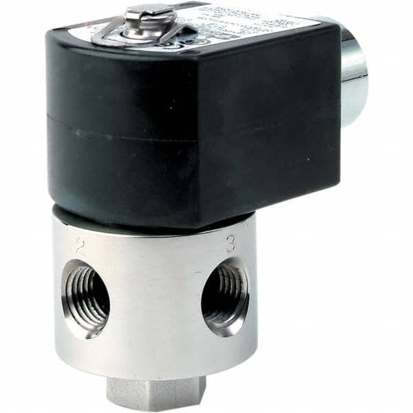 Parker - 120/60 - 110/50 VAC 1/8" NPT Port Brass Three-Way Direct Acting Solenoid Valve - Exact Industrial Supply