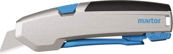 Martor USA - Springback Retractable Utility Knife - 1" Carbon Steel Blade, Silver & Blue Aluminum Handle, 1 Blade Included - Exact Industrial Supply