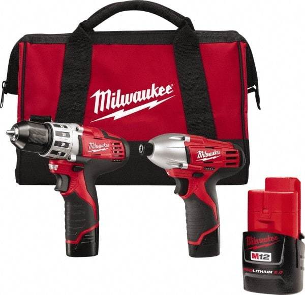 Milwaukee Tool - 12 Volt Cordless Tool Combination Kit - Includes 1/4" Hex Impact Driver & 3/8" Drill/Driver, Lithium-Ion Battery Included - Exact Industrial Supply
