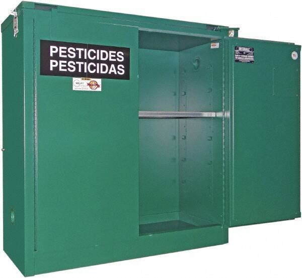 Securall Cabinets - 2 Door, 1 Shelf, Green Steel Standard Safety Cabinet for Flammable and Combustible Liquids - 46" High x 43" Wide x 18" Deep, Self Closing Door, 3 Point Key Lock, 30 Gal Capacity - Exact Industrial Supply