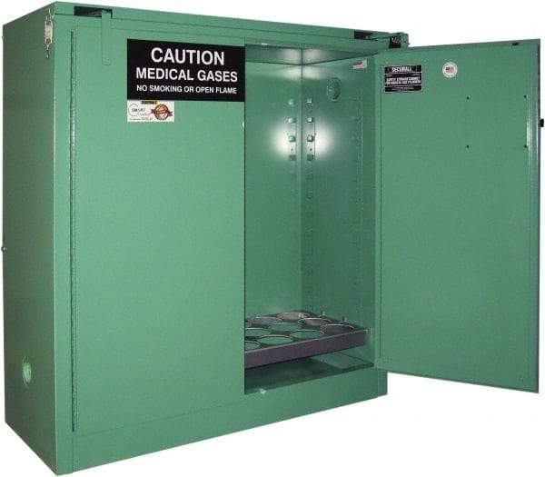 Securall Cabinets - 2 Door, Green Steel Standard Safety Cabinet for Flammable and Combustible Liquids - 46" High x 43" Wide x 18" Deep, Self Closing Door, 3 Point Key Lock, D, E Cylinder Capacity - Exact Industrial Supply