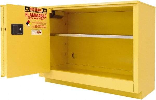 Securall Cabinets - 2 Door, 1 Shelf, Yellow Steel Under the Counter Safety Cabinet for Flammable and Combustible Liquids - 35-5/8" High x 47" Wide x 22" Deep, Sliding Door, 3 Point Key Lock, 36 Gal Capacity - Exact Industrial Supply