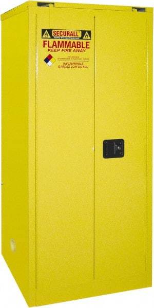 Securall Cabinets - 2 Door, 2 Shelf, Yellow Steel Standard Safety Cabinet for Flammable and Combustible Liquids - 67" High x 31" Wide x 31" Deep, Self Closing Door, 3 Point Key Lock, 60 Gal Capacity - Exact Industrial Supply