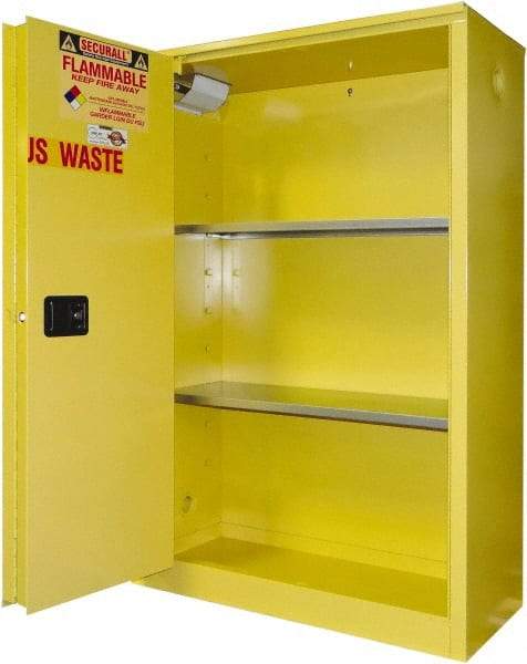 Securall Cabinets - 2 Door, 2 Shelf, Yellow Steel Standard Safety Cabinet for Flammable and Combustible Liquids - 65" High x 43" Wide x 18" Deep, Sliding Door, 3 Point Key Lock, 45 Gal Capacity - Exact Industrial Supply