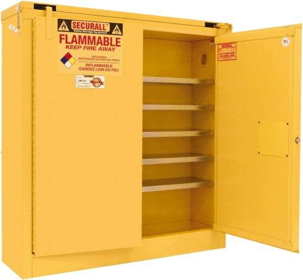 Securall Cabinets - 2 Door, 5 Shelf, Yellow Steel Wall Mount Safety Cabinet for Flammable and Combustible Liquids - 46" High x 43" Wide x 12" Deep, Self Closing Door, 3 Point Key Lock, 24 Gal Capacity - Exact Industrial Supply