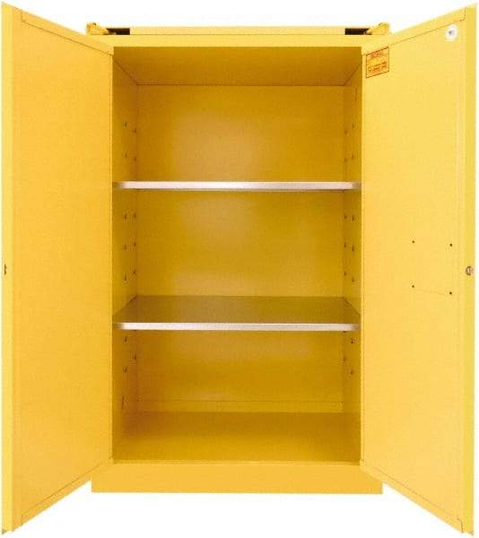 Securall Cabinets - 2 Door, 2 Shelf, Yellow Steel Standard Safety Cabinet for Flammable and Combustible Liquids - 67" High x 43" Wide x 31" Deep, Self Closing Door, 3 Point Key Lock, 90 Gal Capacity - Exact Industrial Supply