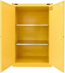 Securall Cabinets - 2 Door, 2 Shelf, Yellow Steel Standard Safety Cabinet for Flammable and Combustible Liquids - 67" High x 43" Wide x 31" Deep, Self Closing Door, 3 Point Key Lock, 90 Gal Capacity - Exact Industrial Supply