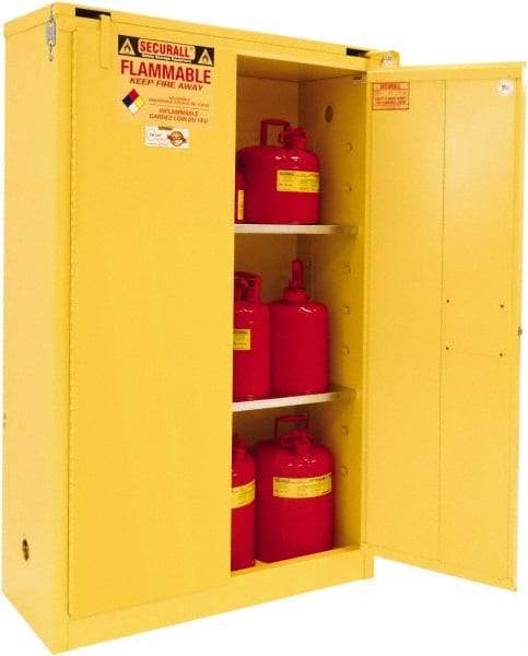 Securall Cabinets - 2 Door, 2 Shelf, Yellow Steel Standard Safety Cabinet for Flammable and Combustible Liquids - 67" High x 43" Wide x 18" Deep, Self Closing Door, 3 Point Key Lock, 45 Gal Capacity - Exact Industrial Supply