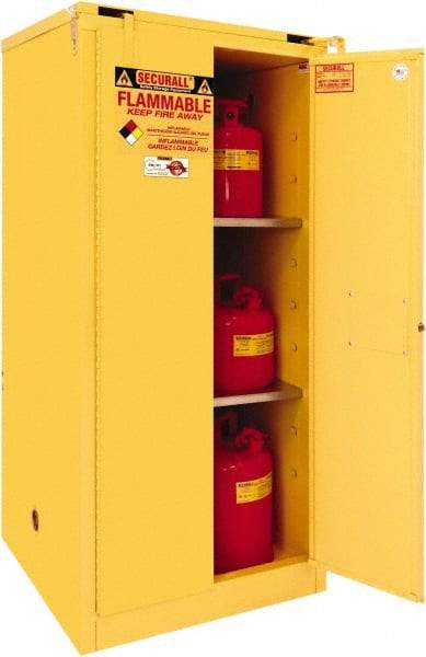 Securall Cabinets - 2 Door, 2 Shelf, Yellow Steel Standard Safety Cabinet for Flammable and Combustible Liquids - 67" High x 31" Wide x 31" Deep, Self Closing Door, 3 Point Key Lock, 60 Gal Capacity - Exact Industrial Supply