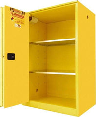 Securall Cabinets - 2 Door, 2 Shelf, Yellow Steel Standard Safety Cabinet for Flammable and Combustible Liquids - 65" High x 43" Wide x 31" Deep, Sliding Door, 3 Point Key Lock, 90 Gal Capacity - Exact Industrial Supply