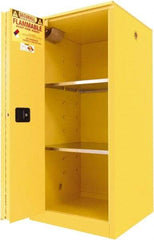 Securall Cabinets - 2 Door, 2 Shelf, Yellow Steel Standard Safety Cabinet for Flammable and Combustible Liquids - 65" High x 31" Wide x 31" Deep, Sliding Door, 3 Point Key Lock, 60 Gal Capacity - Exact Industrial Supply