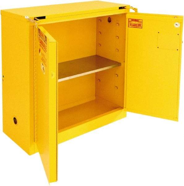 Securall Cabinets - 2 Door, 1 Shelf, Yellow Steel Standard Safety Cabinet for Flammable and Combustible Liquids - 46" High x 43" Wide x 18" Deep, Self Closing Door, 3 Point Key Lock, 30 Gal Capacity - Exact Industrial Supply