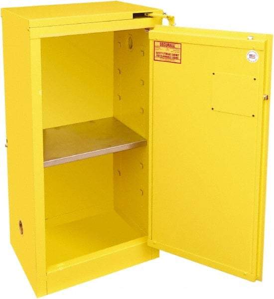 Securall Cabinets - 1 Door, 1 Shelf, Yellow Steel Standard Safety Cabinet for Flammable and Combustible Liquids - 46" High x 23-3/16" Wide x 18" Deep, Self Closing Door, 3 Point Key Lock, 16 Gal Capacity - Exact Industrial Supply