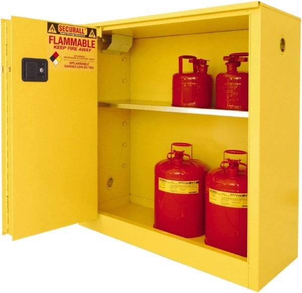 Securall Cabinets - 2 Door, 1 Shelf, Yellow Steel Standard Safety Cabinet for Flammable and Combustible Liquids - 44" High x 43" Wide x 18" Deep, Sliding Door, 3 Point Key Lock, 30 Gal Capacity - Exact Industrial Supply