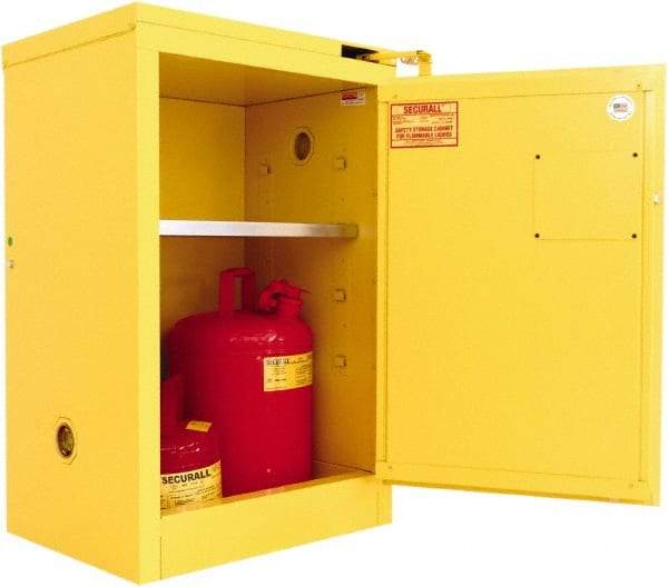 Securall Cabinets - 1 Door, 1 Shelf, Yellow Steel Standard Safety Cabinet for Flammable and Combustible Liquids - 37" High x 24" Wide x 18" Deep, Self Closing Door, 3 Point Key Lock, 12 Gal Capacity - Exact Industrial Supply