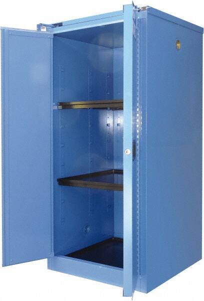 Securall Cabinets - 2 Door, 2 Shelf, Blue Steel Standard Safety Cabinet for Corrosive Chemicals - 67" High x 31" Wide x 31" Deep, Self Closing Door, 3 Point Key Lock, 60 Gal Capacity - Exact Industrial Supply