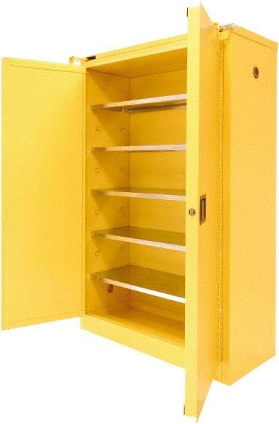 Securall Cabinets - 2 Door, 5 Shelf, Yellow Steel Standard Safety Cabinet for Flammable and Combustible Liquids - 67" High x 43" Wide x 18" Deep, Sliding Door, 3 Point Key Lock, 60 Gal Capacity - Exact Industrial Supply