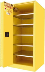 Securall Cabinets - 2 Door, 5 Shelf, Yellow Steel Standard Safety Cabinet for Flammable and Combustible Liquids - 65" High x 31" Wide x 31" Deep, Sliding Door, 3 Point Key Lock, 120 Gal Capacity - Exact Industrial Supply