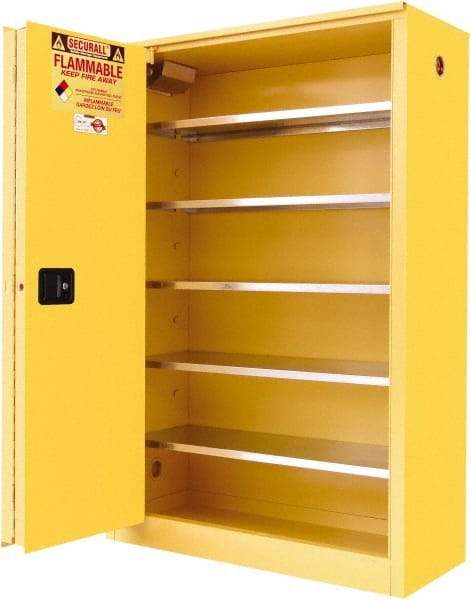 Securall Cabinets - 2 Door, 5 Shelf, Yellow Steel Standard Safety Cabinet for Flammable and Combustible Liquids - 65" High x 43" Wide x 18" Deep, Sliding Door, 3 Point Key Lock, 60 Gal Capacity - Exact Industrial Supply