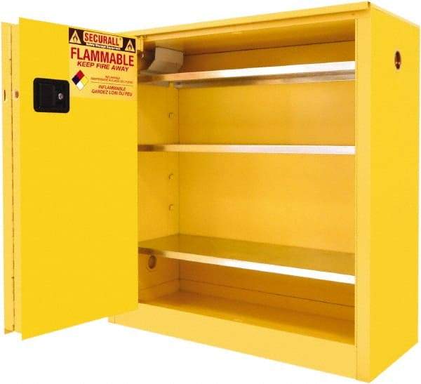 Securall Cabinets - 2 Door, 3 Shelf, Yellow Steel Standard Safety Cabinet for Flammable and Combustible Liquids - 44" High x 43" Wide x 18" Deep, Sliding Door, 3 Point Key Lock, 40 Gal Capacity - Exact Industrial Supply