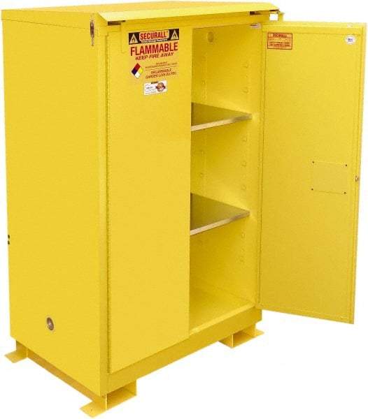 Securall Cabinets - 2 Door, 2 Shelf, Yellow Steel Standard Safety Cabinet for Flammable and Combustible Liquids - 71" High x 43" Wide x 31" Deep, Self Closing Door, 3 Point Key Lock, 90 Gal Capacity - Exact Industrial Supply